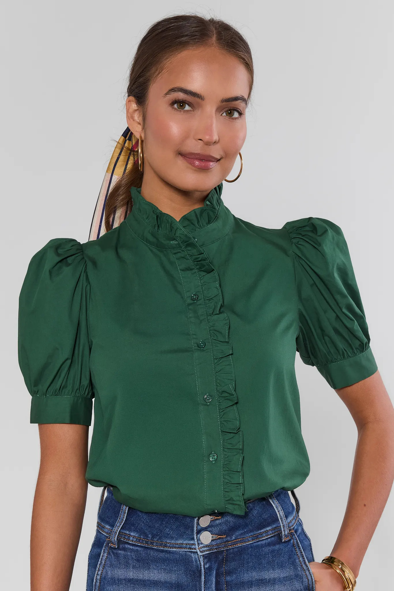 Green Ruffle Detail Button Up Top | Avara