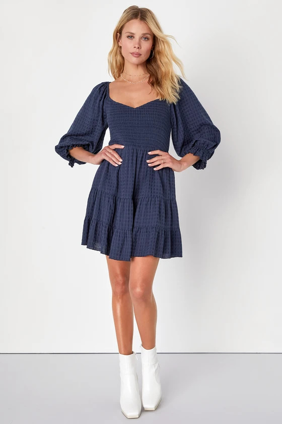Charming Afternoon Navy Blue Gingham Balloon Sleeve Mini Dress | Lulus