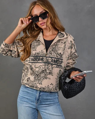 J'adore Darling Toile Print Fleece Quarter Zip Sweatshirt Black Print / XL | VICI