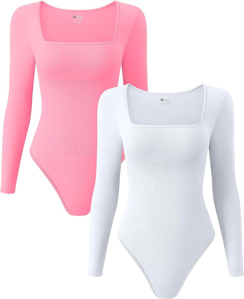 OQQ Women's 2 Piece Bodysuits Sexy Ribbed One Piece Square Neck Long Sleeve Bodysuits | Amazon (US)
