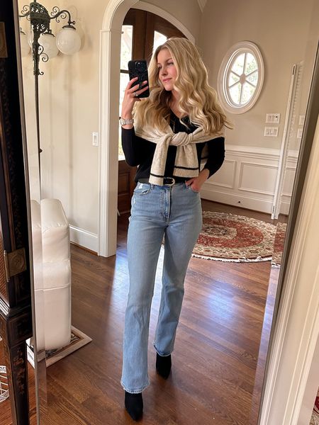 Elevated casual outfit. Wearing the curve love version of these flare jeans (size 25). 

Cardigan sweater, sock booties, thin black belt 

#LTKstyletip #LTKunder50 #LTKunder100