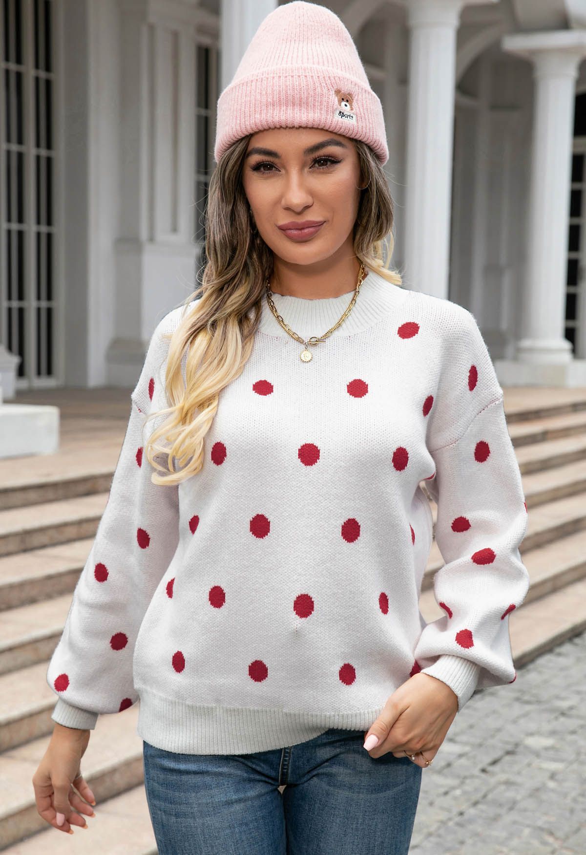 Adorable Polka Dot Mock Neck Knit Sweater in White | Chicwish