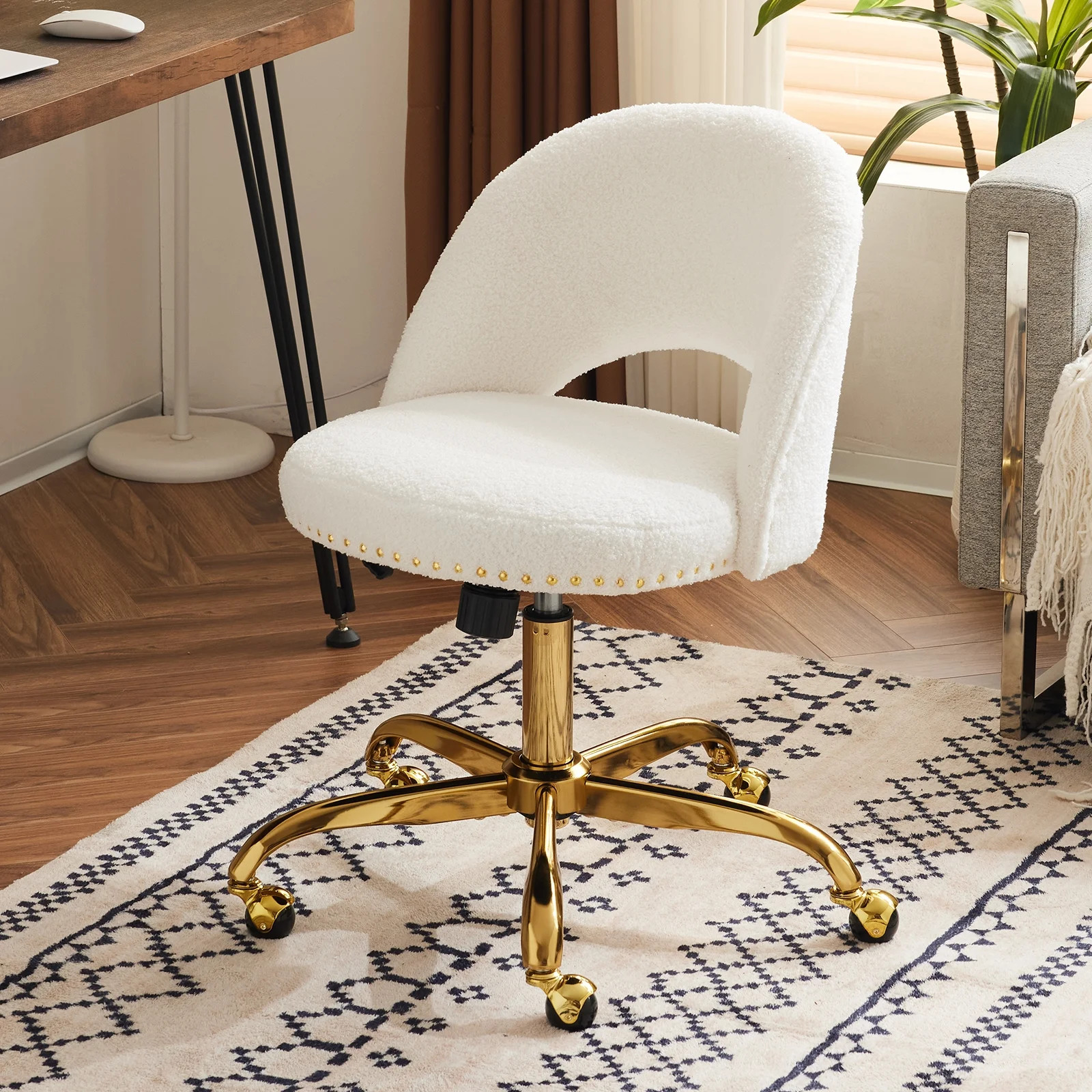 Ktaxon Office Desk Chair Adjustable Teddy Velvet Computer Task Chair Small Rolling Vanity Stool w... | Walmart (US)