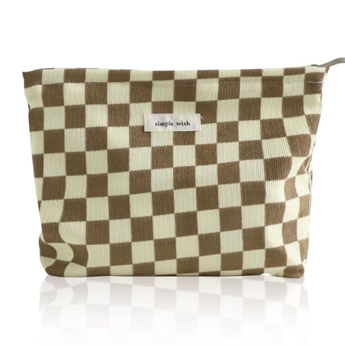Wudygirl Checkered Makeup Bag Large Capacity Makeup Pouch Travel Cosmetic Pouch for Women Canvas Toiletry Bag Zipper Handbag Aesthetic (Khaki Checkered) | Amazon (US)
