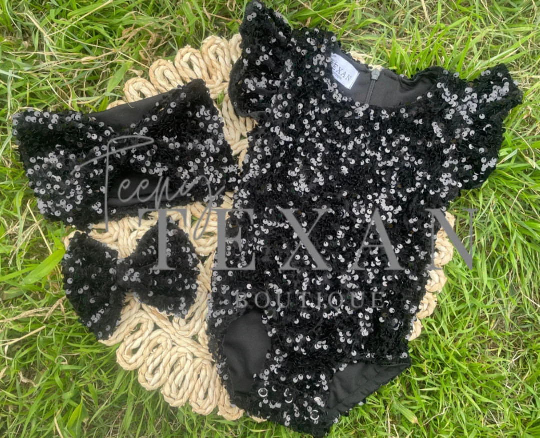 Girls Black Sequin Leotard, Sequin Romper, 1st Birthday Leotard, Sequin Romper, Black Sequin Bow ... | Etsy (US)