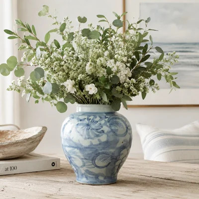 Approx. 10" High Blue and White Jar with Flower Motif | Perigold
