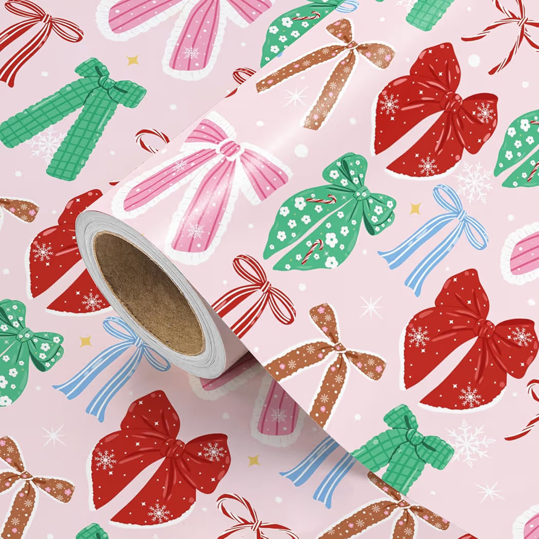WRAPAHOLIC Bow Christmas Wrapping Paper Roll - Mini Roll - 17 Inch x 16.5 Feet - Christmas Coquette Bow Wrapping Paper for Girls, Xmas Holiday, Party Celebration | Amazon (US)
