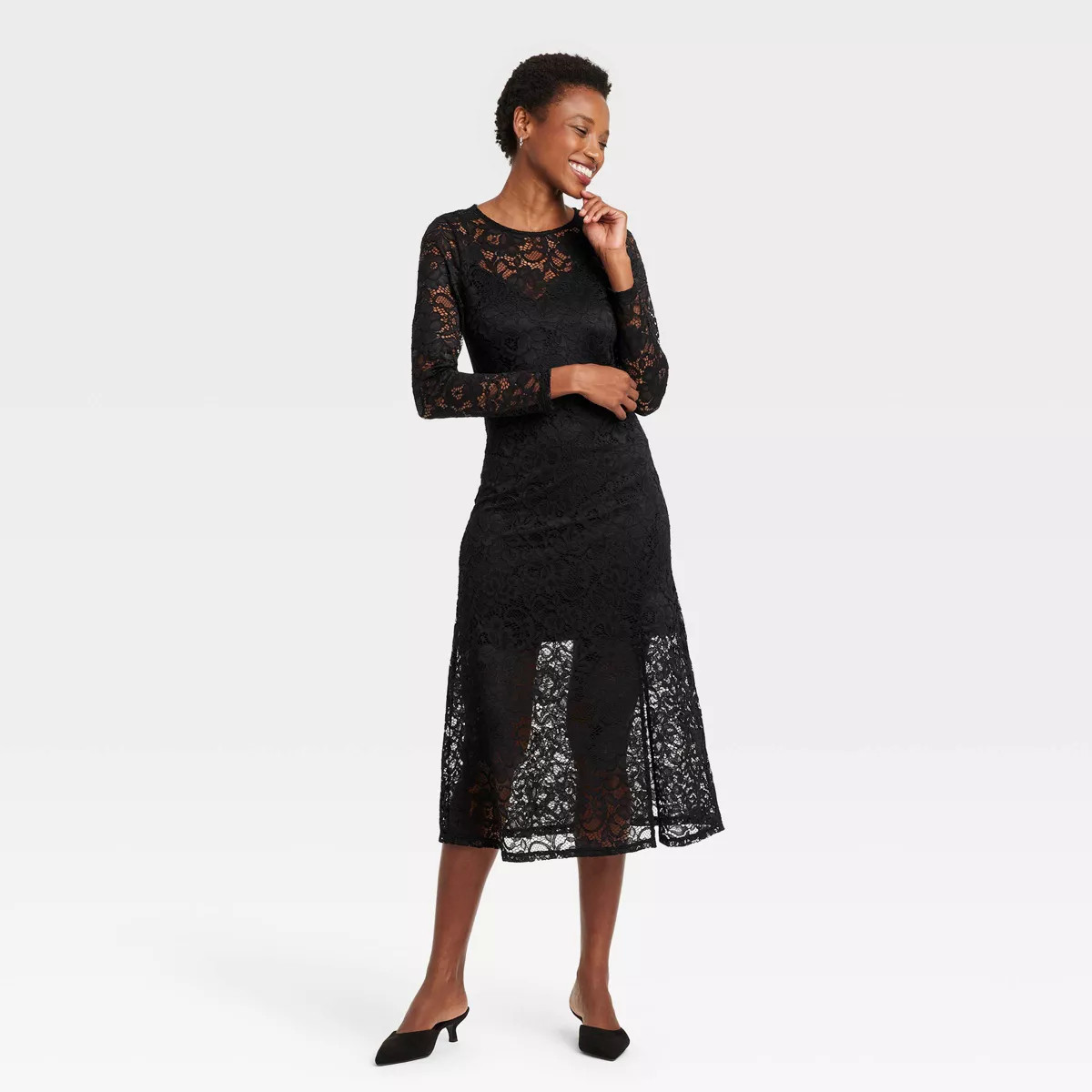 Women's Long Sleeve Midi Lace Dress - A New Day™ Black Floral | Target