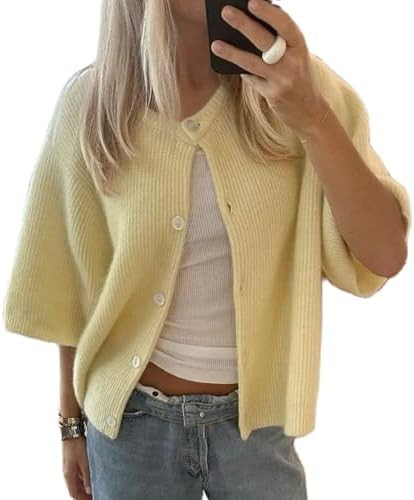 KMBANGI Women Knitted Cropped Blouse Short Sleeve Button Knit Shirt Crop Cardigan Y2k Open Front ... | Amazon (US)