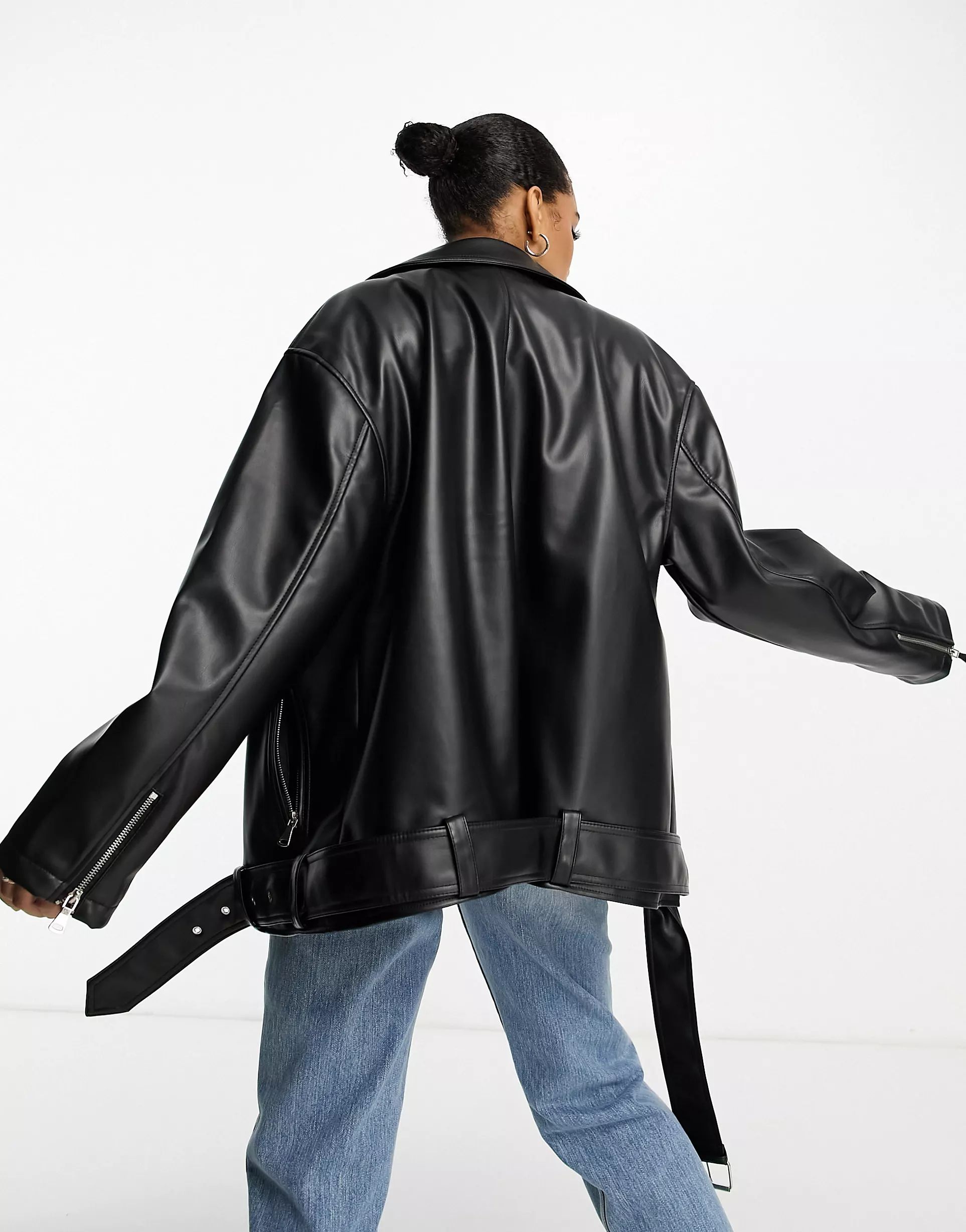 ASOS DESIGN Tall longline oversized faux leather biker jacket in black | ASOS (Global)