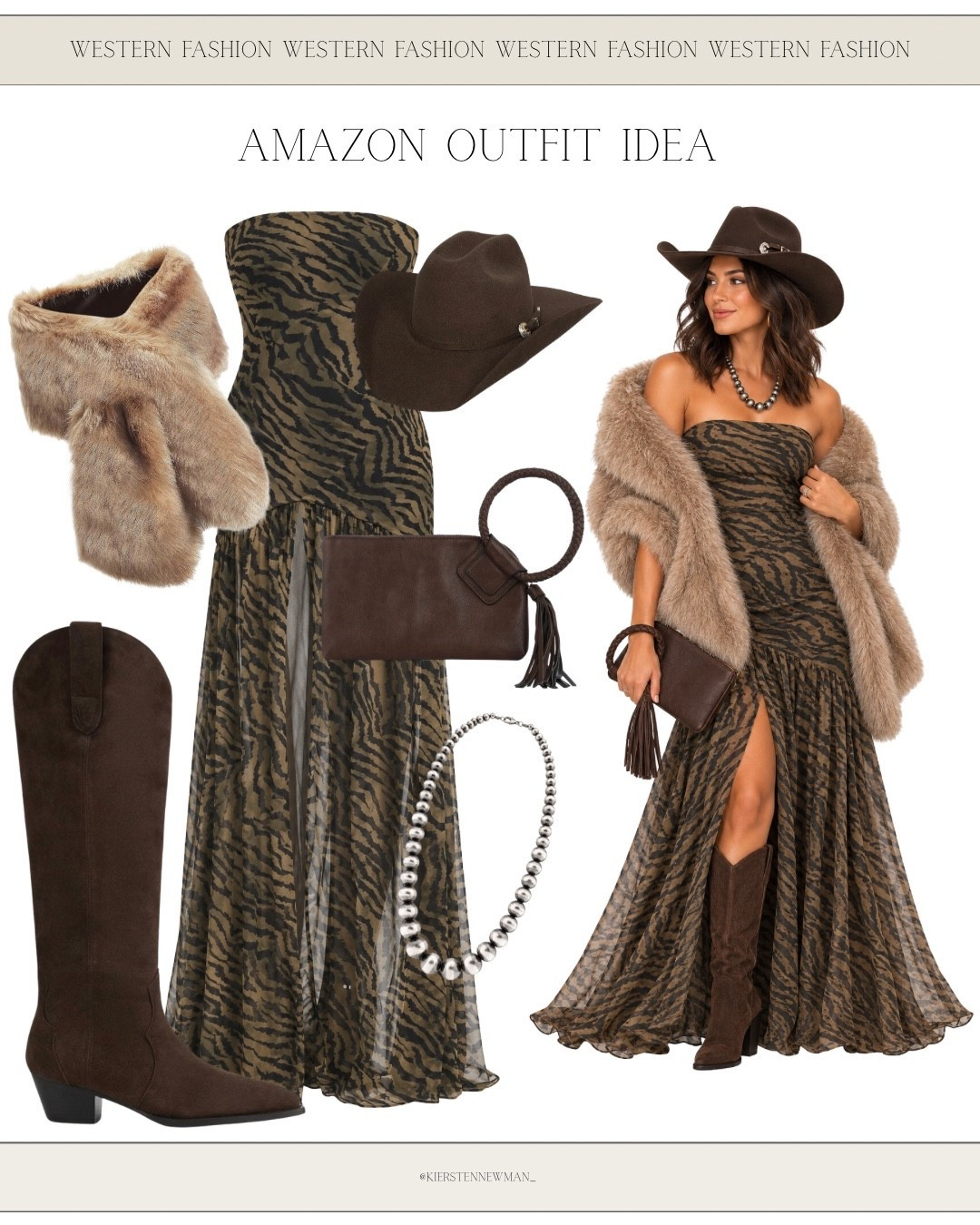 Animal print and western accessories are the perfect combination! 🤎🐅 This strapless tiger print maxi dress paired with a cozy faux fur wrap, chocolate cowboy boots, and silver statement jewelry creates a stunning NFR look. A little bold, a little boho, and totally Vegas-ready!

#NFR2026 #WesternFashion #NFRoutfits #CowgirlGlam #WesternBoho #AnimalPrintStyle #RodeoFashion #AmazonOutfitIdeas #LTKFashion #ShopLTK