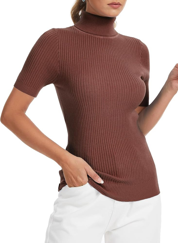 Women's Fall Short Sleeve Sweater Turtleneck Pullover Tops Winter Basic Ribbed Knit Slim Fitted C... | Amazon (US)