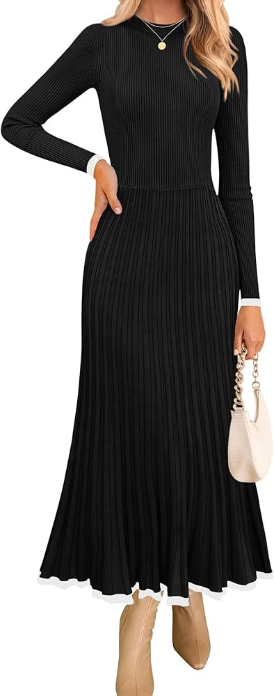 ZESICA Women's Long Sleeve Sweater Dress Fall Crewneck Ribbed Knit Pleated A-Line Maxi Wedding Gu... | Amazon (US)
