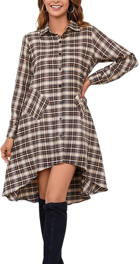 olrain Womens Plaids V Neck Long Sleeve Irregular Hem Casual Shirt Dress | Amazon (US)