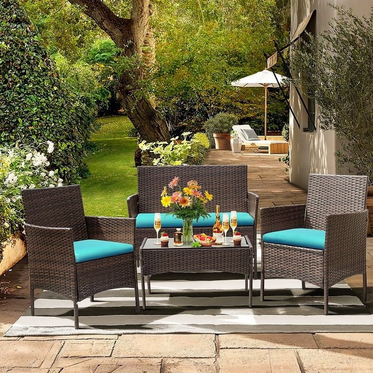 Lacoo 4 Piece Outdoor Patio Furniture PE Rattan Wicker Table and Chairs Set with Cushions, Blue -... | Walmart (US)
