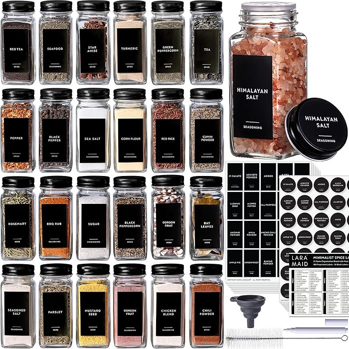 Laramaid 4oz 48Pack Glass Jars with 459 Minimalist Black Vinyl Spice Labels, Shaker Lids Dispense... | Amazon (US)