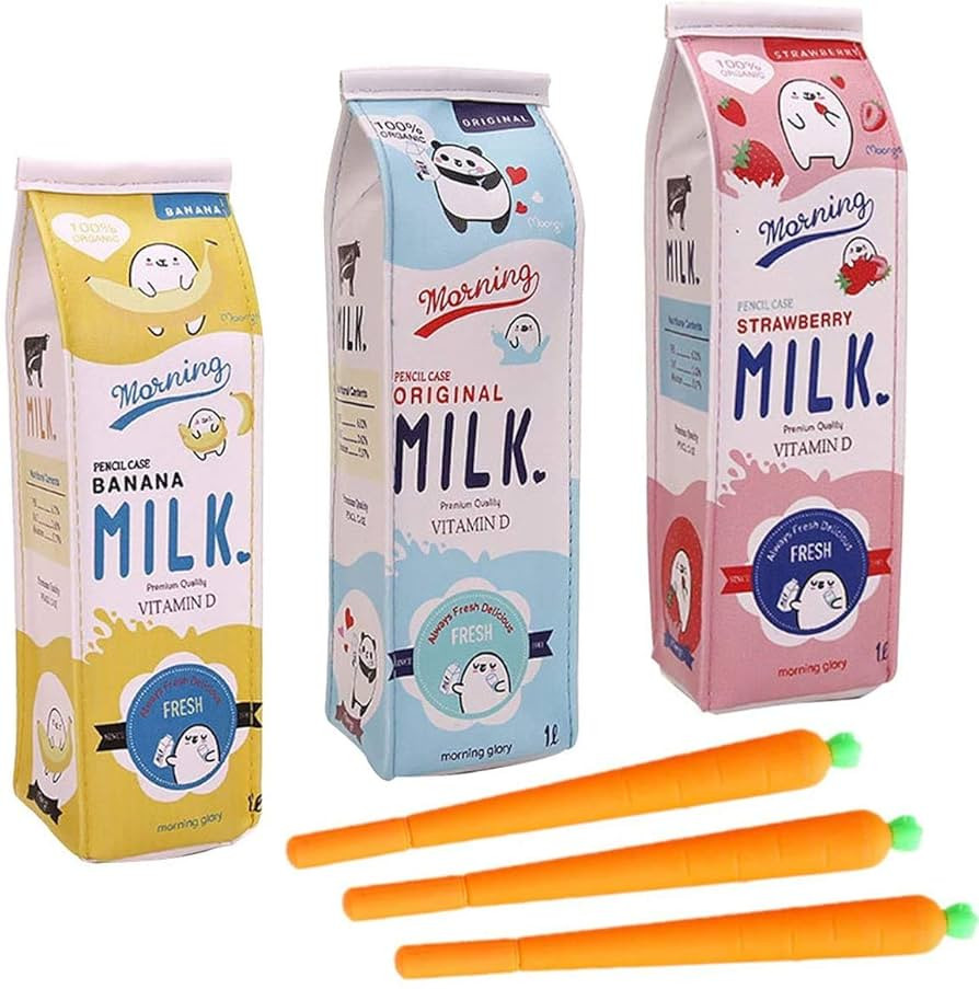 Kawaii Set of 3 Milk Carton Pencil Cases Cosmetic Bag + 3 Carrot Gel Ink Pens | Amazon (US)