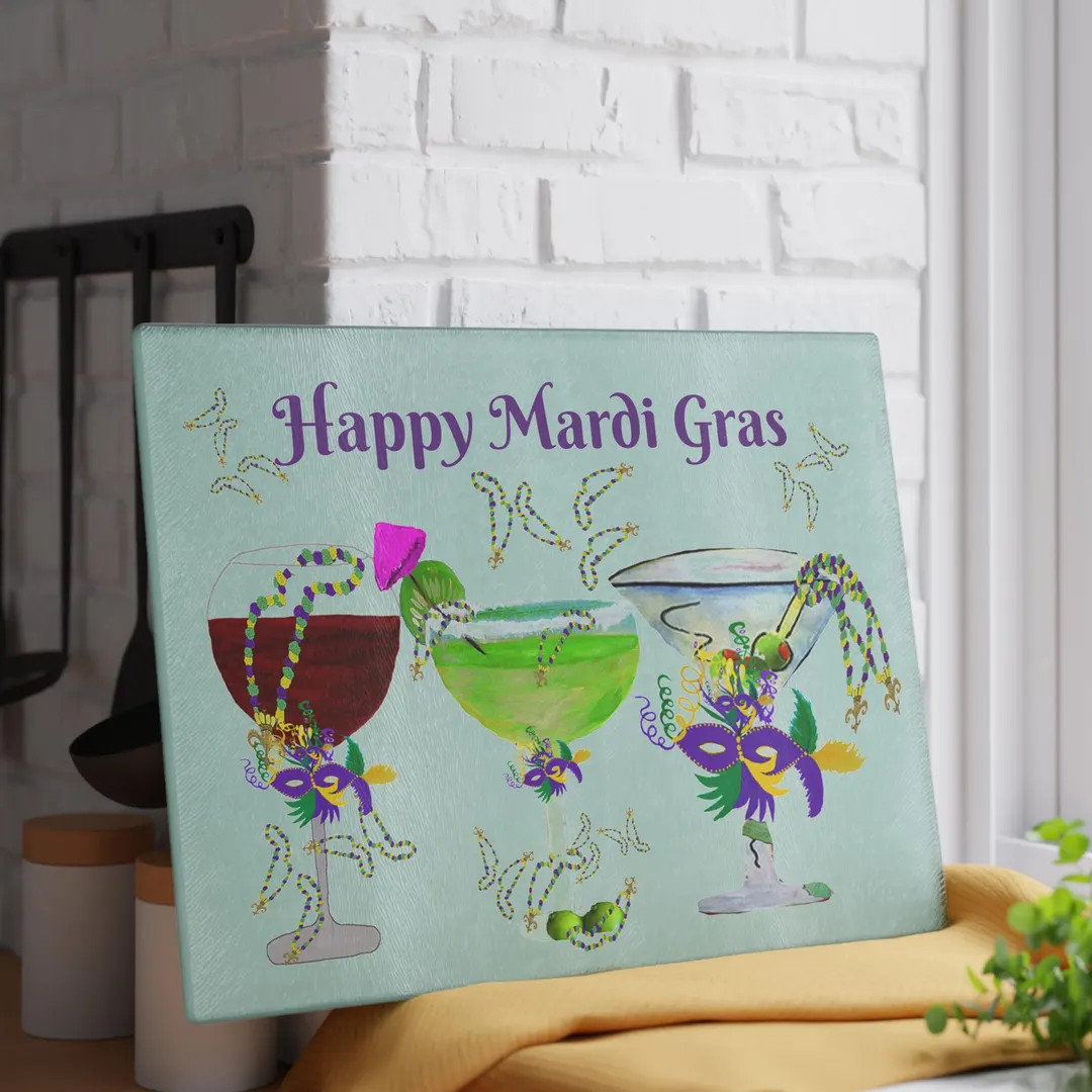 Happy Mardi Gras Cocktail Glass Cutting Board | Festive Masquerade Kitchen Decor - Etsy | Etsy (US)