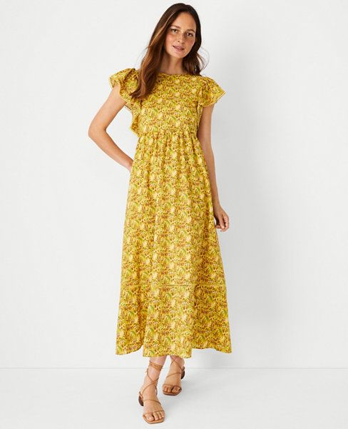 Palm Tree Ruffle Sleeve Flare Dress | Ann Taylor (US)