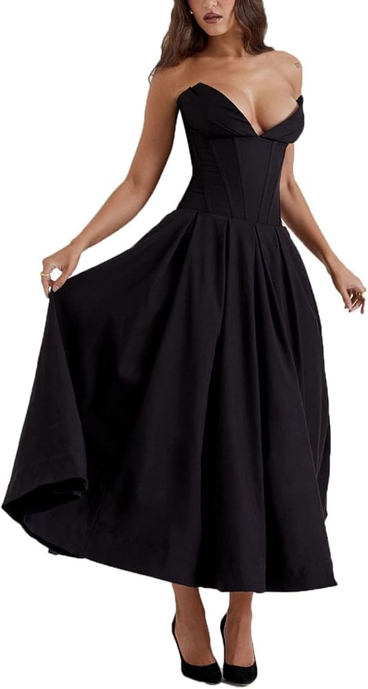 Cocktail Dresses for Women Low Cut V Neck Strapless Pleated Corset Prom Formal Evening Dresses | Amazon (US)