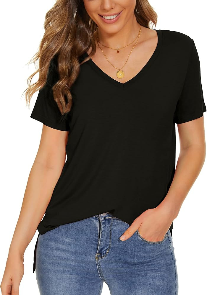 Herou Summer Women Casual Short Sleeve Tops T-Shirts Tees with Side Split | Amazon (US)
