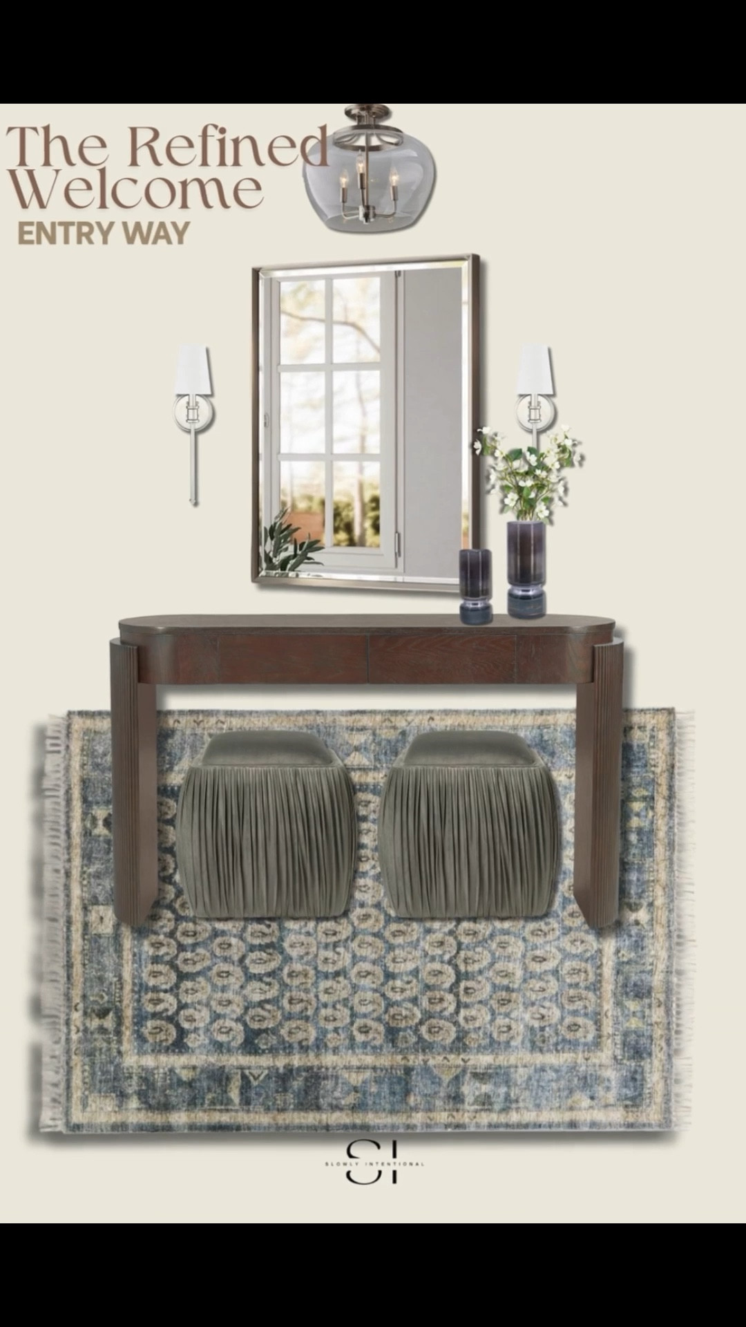 You can create a super fancy entryway without spending a fortune! This moodboard shows how to get a high-end look using some really smart finds. The dark wood console table has such a cool shape, and those pleated ottomans tucked underneath look just like designer pieces. I love how the large mirror and pretty wall lights make the whole space feel bright and welcoming. The blue and tan rug ties everything together and is great for a busy house. These exact products are perfect if you want your home to look beautiful and expensive while staying on a budget!

#LTKHome