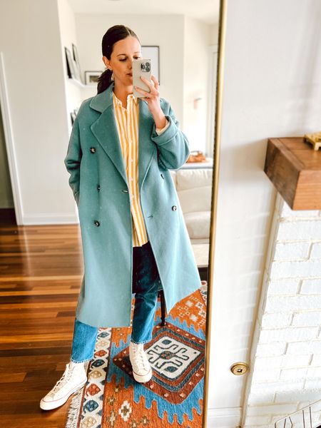 Coat runs big! Wearing small
But could’ve done XS! Size down if you don’t want very over sized. Jeans are Sezane (can’t link here) Sneakers go 1/2 size down 