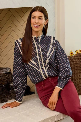 Navy Printed Button Up Ruffle Top | Avara