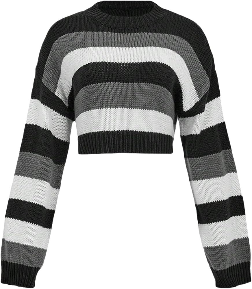 SHENHE Women's Striped Crew Neck Long Sleeve Loose Color Block Cropped Sweater Jumper | Amazon (US)