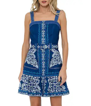 CIEBON Anise Printed Square Neck Sleeveless Belted A-Line Crepe Mini Dress | Dillard's | Dillard's