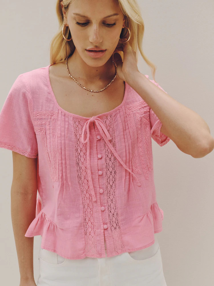 Pink Lace Detail Short Sleeve Blouse | Next EU