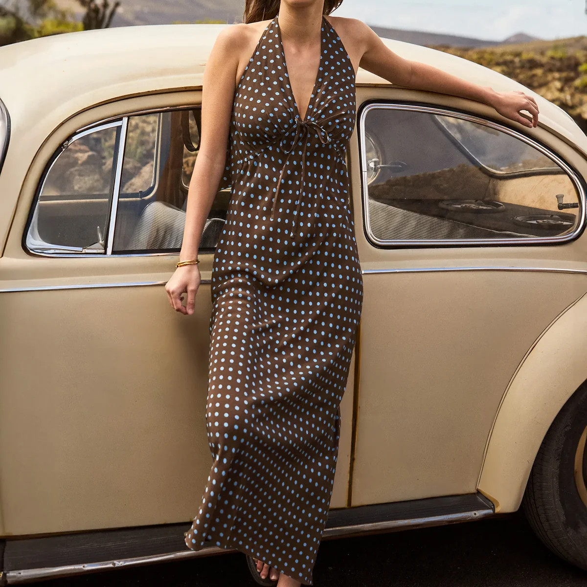Petite Brown And Blue Spot Print Halter Neck Dress | Ro&Zo