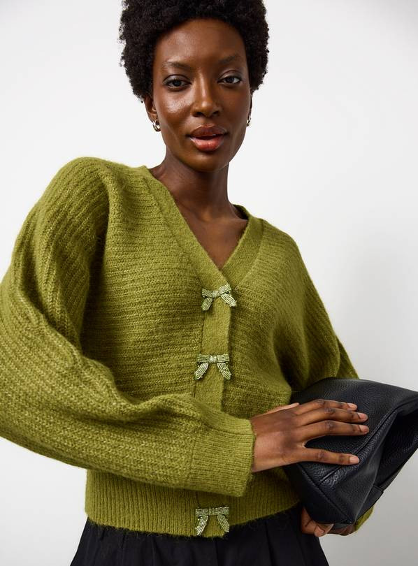 Olive Eyelash Knit Diamante Bow Cardigan  20 | Tu Clothing