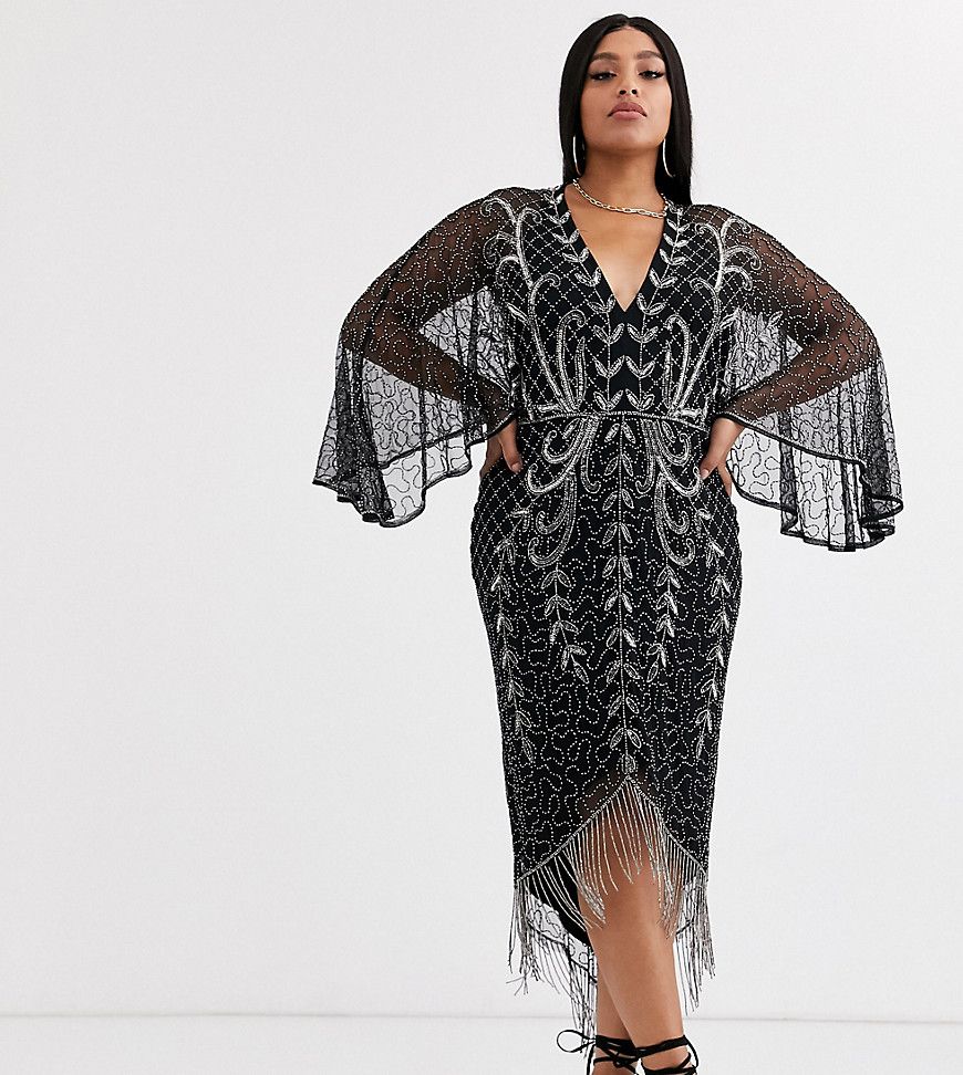 ASOS DESIGN Curve kimono midi dress with delicate beaded embellishment-Black | ASOS (Global)