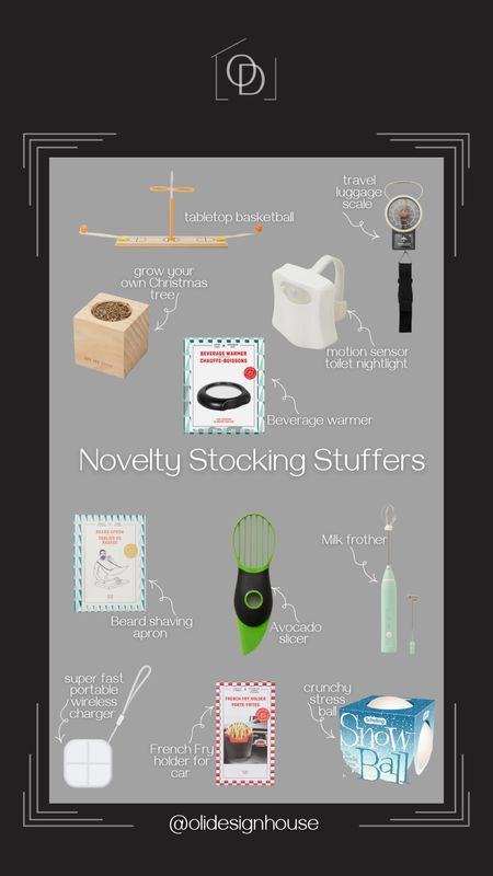 Novelty stocking stuffers and gifts that will surely get a laugh and create amazing memories! 

Cup warmer, grow your own Christmas tree kit, toilet nightlight, travel luggage scale, beard apron, tabletop basketball game, milk frother, avocado slicer, crunchy stress ball, French fry holder, fast portable wireless charger  

#LTKhome #LTKunder50 #LTKGiftGuide