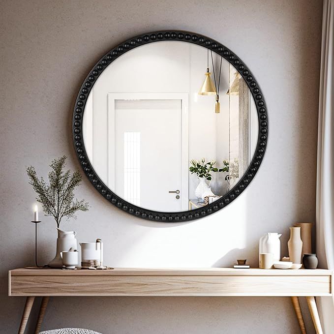 WallBeyond Beaded Round Mirror, 30 inch Large Round Mirror with Black Beaded Wall Decorative Mirr... | Amazon (US)