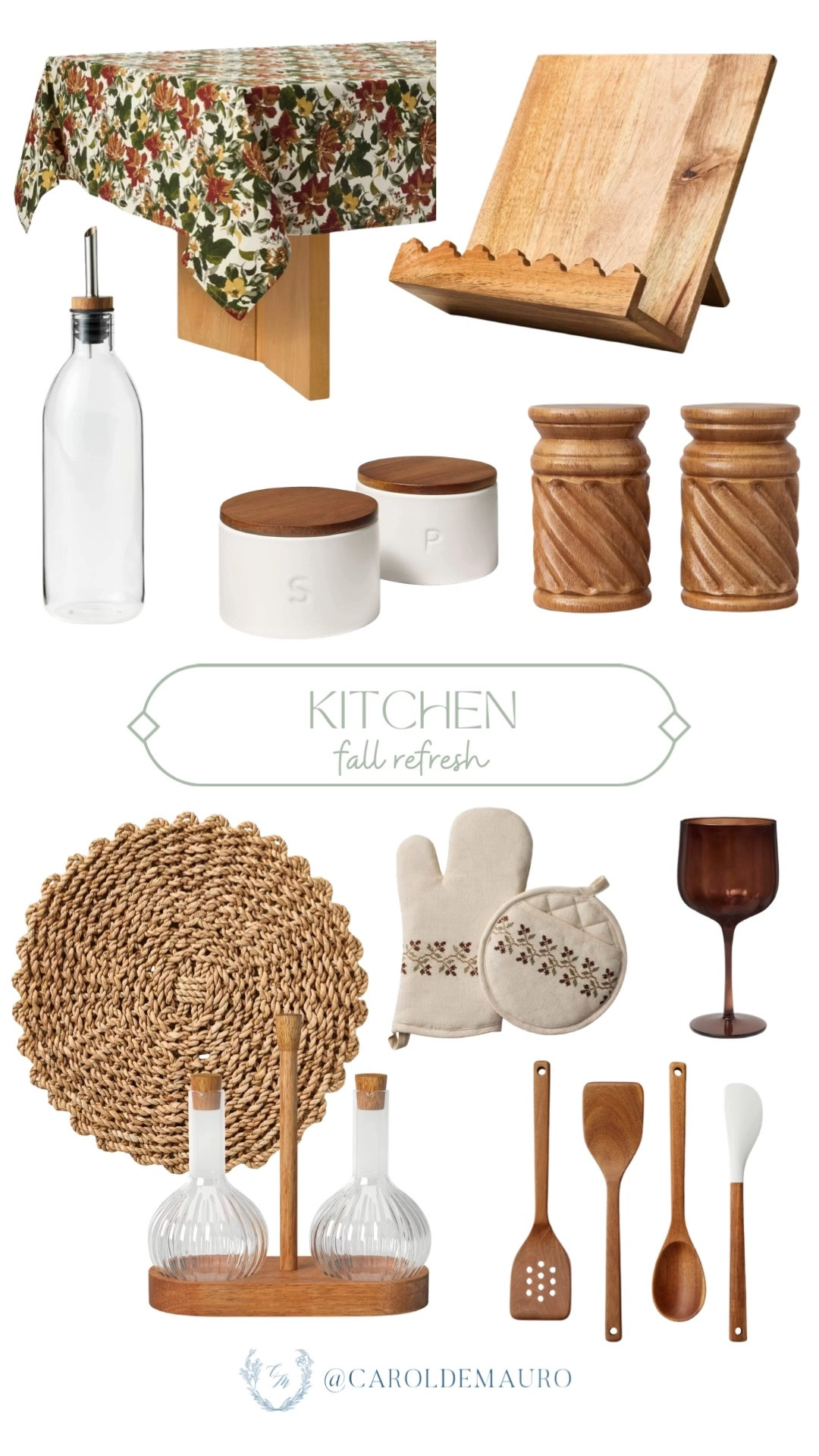 kitchen finds, fall decor, fall refresh, wooden aesthetic, neutral home, fall tablecloth, salt and pepper shaker, woven placemat, pot holder, wine glass, wooden cooking utensils, condiments dispenser, recipe book stand, home styling, home decor, modern farmhouse

#LTKHome
