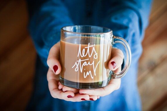 Part of our signature series, this "Let's Stay In" glass mug is the perfect mug to curl up with o... | Etsy (US)