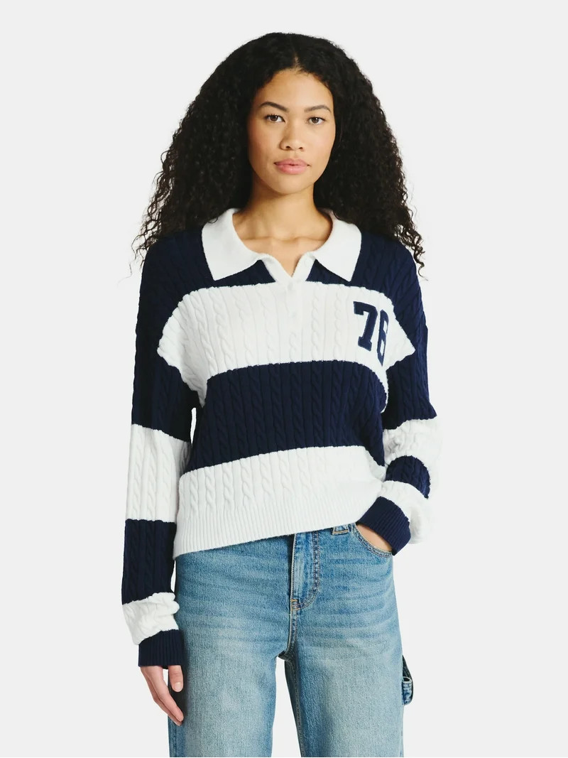 No Boundaries Cable Knit Collared Pullover, Women's | Walmart (US)
