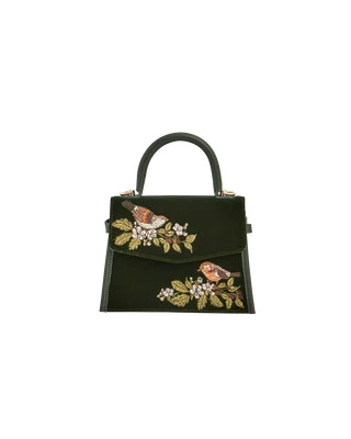 Eliza Wren Embroidered Top handle bag in Green Velvet | Fable England