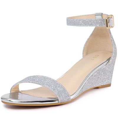 BLISSFUL STEP Women's Open Toe Ankle Strap Wedge Heel Sandals Silver 8.5 | Target