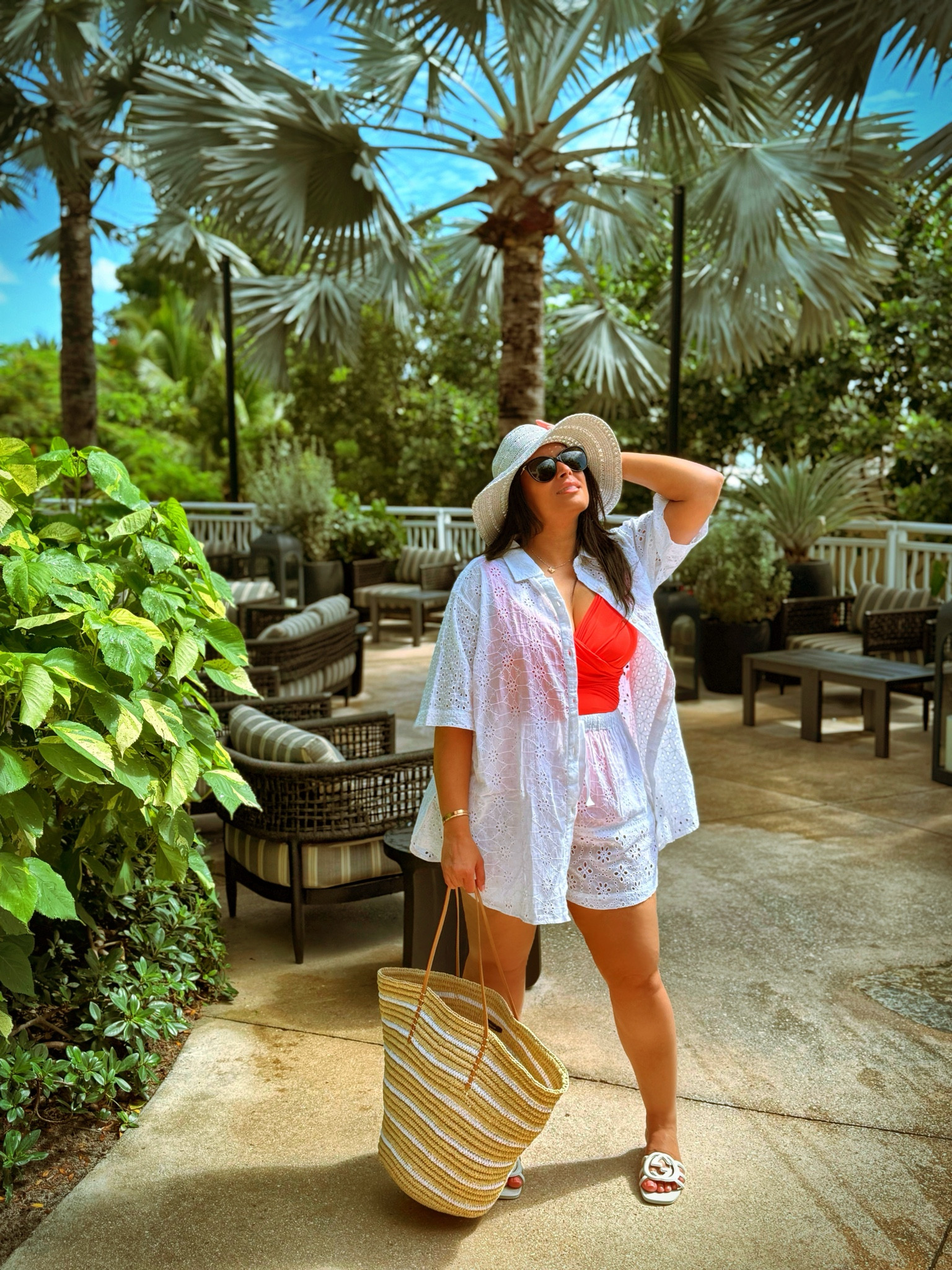 Link to everything. Hat old but linked similar and will be sharing my fav beach hat soon! Slides size up half size. Set size medium. 

#LTKswim #LTKSeasonal #LTKU