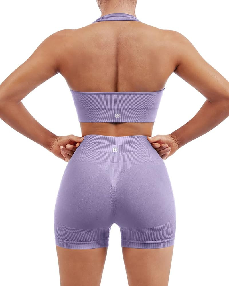 SUUKSESS Women Seamless Ribbed Workout Set Backless Sports Bra Booty Biker Short | Amazon (US)