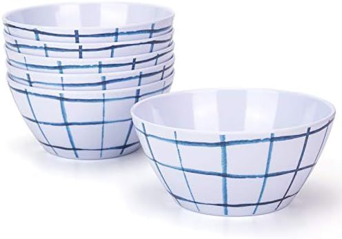 Blue Grid Melamine Bowls, 6-inch 100% Melamine Cereal/Soup/Salad Bowls, set of 6 | Amazon (US)