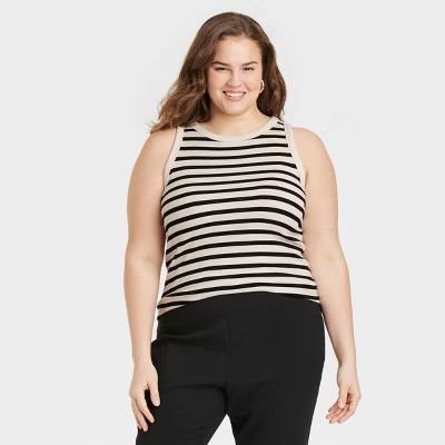 Women's Slim Fit Ribbed Tank Top - A New Day™ Cream/Black Striped 3X: Cotton Modal Blend, Crew Neck, Knit | Target