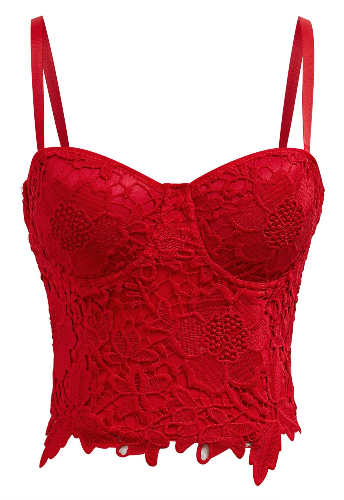 Floral Cutwork Lace Bustier Crop Top in Red | Chicwish