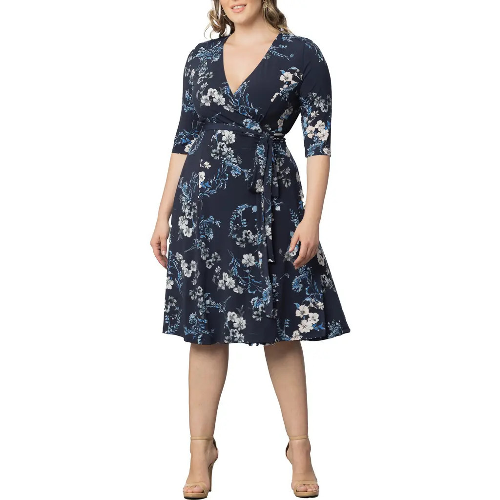 Kiyonna Signature A-Line Wrap Dress in French Blue Garden at Nordstrom, Size 4X | Nordstrom