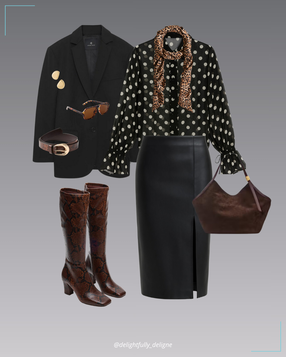 Spot On in Polka Dots 🖤  Black blazer, polka-dot georgette blouse, faux leather pencil skirt, snake-print buckle belt, brown snake boots, tulip tote, printed silk scarf, stud earrings & aviator sunnies. 

 #LTKOver40 #LTKStyleTip #LTKWorkwear