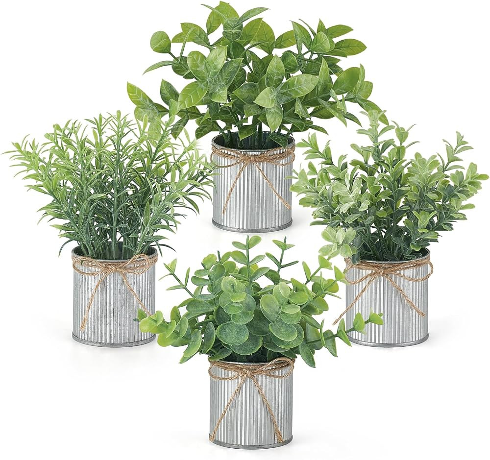 Mkono 4 Packs Small Fake Plants in Farmhouse Galvanized Pots Table Centerpiece Mini Potted Artifi... | Amazon (US)