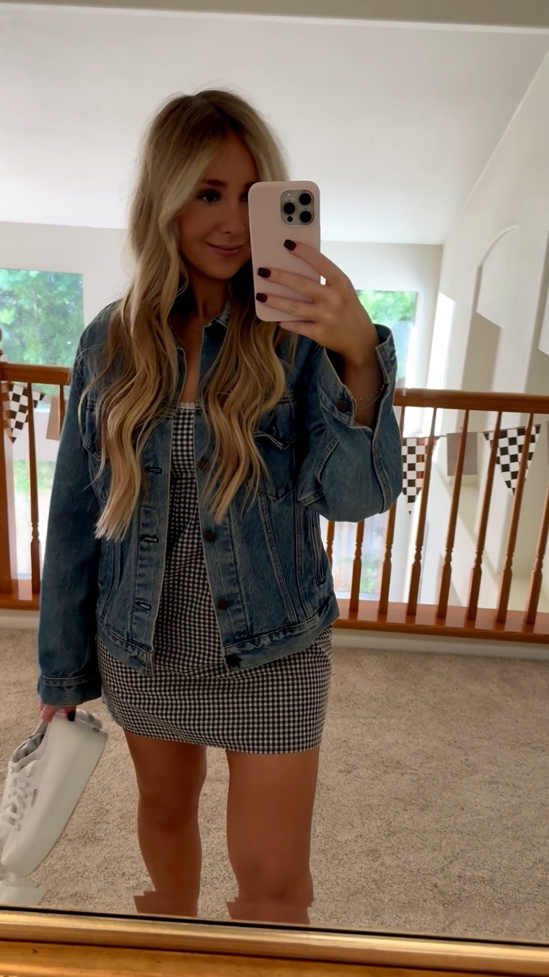 ootd for a formula 1 birthday party! 

gingham mini dress | oversized jean jacket | denim jacket | white sneakers | 1st bday party | casual ootd | summer outfit inspo | under $100 | supergas | wrangler jean jacket | racer party 